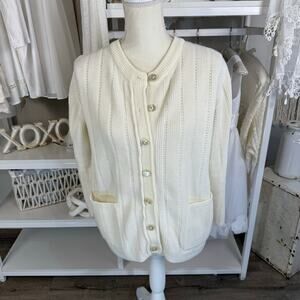 Atkins Women's Vintage S/M petite cream cable knit cardigan sweater 3554
